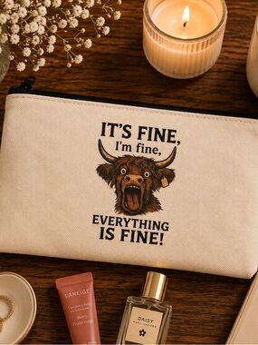 Smith Grove Farm Beige Cosmetic Pouch "It's Fine" Printed Zip Case